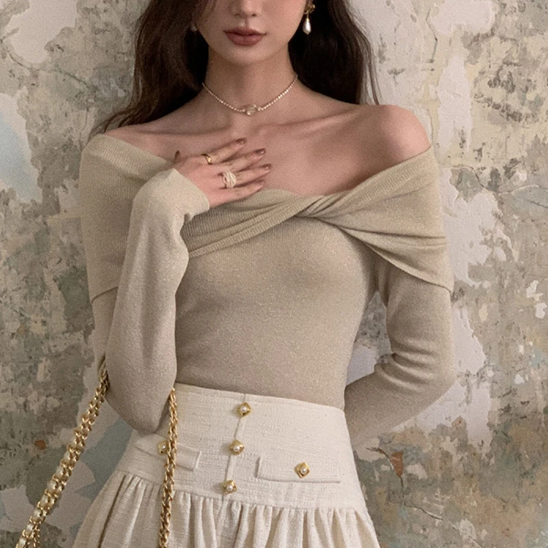 Pullovers Women Solid Off Shoulder Slash Neck Criss-cross Slim Fit Sweater Tender Design Sexy Elegant Temperament Autumn Female