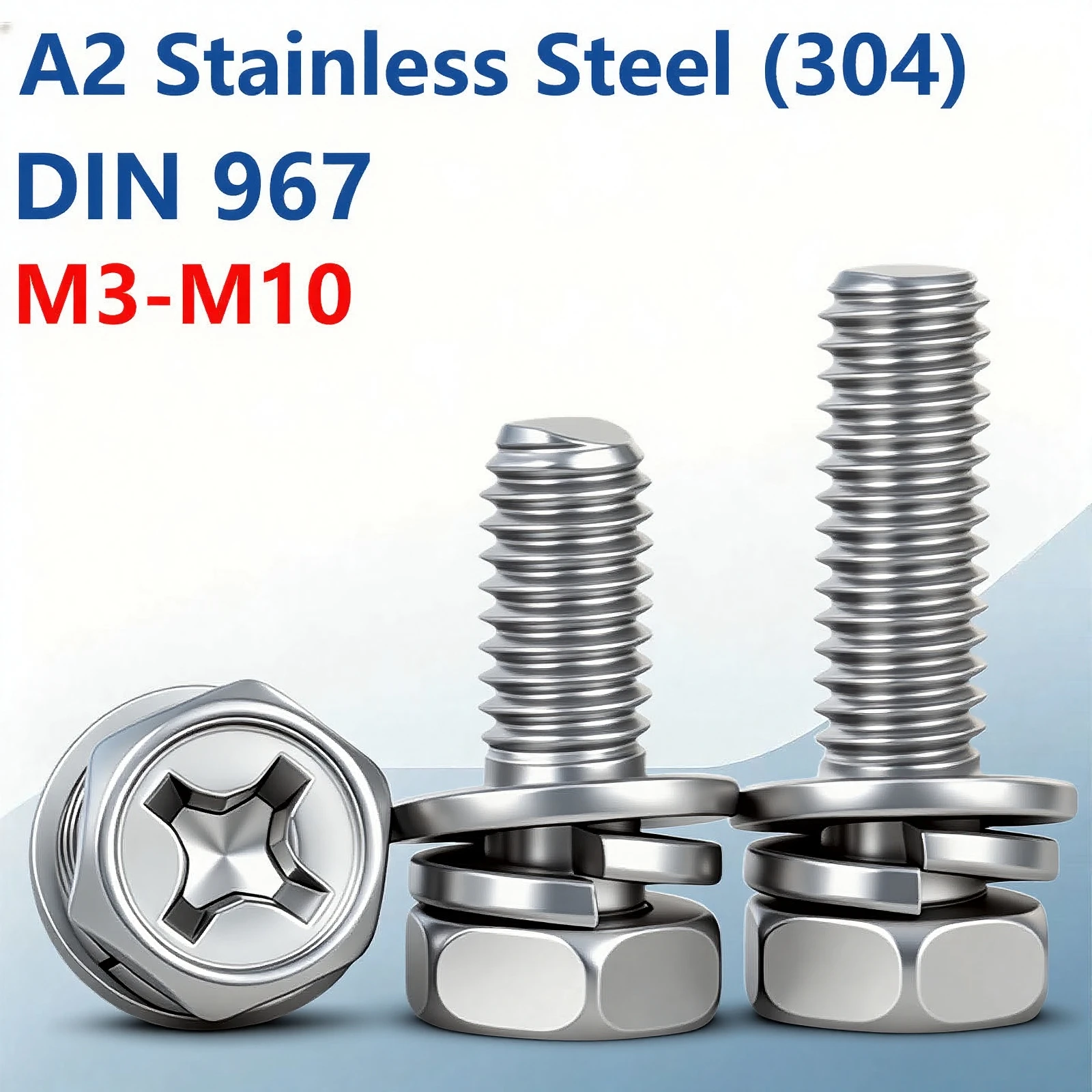 304 Stainless Steel DIN 967 Phillips Hex Screw with Pre-assembled Washers Combination Bolt M3M4M5M6M8M10