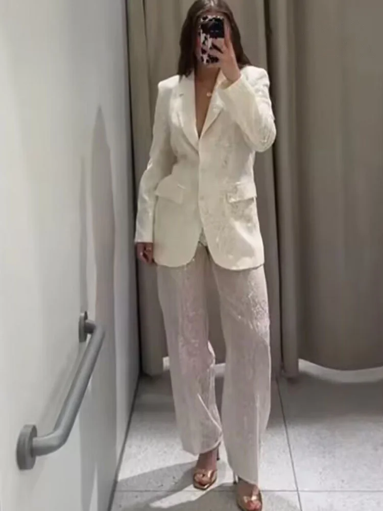 

HH Women's Sequins Sets Turn-Down Collar Pockets Single-Breasted Blazers+High Waist Zipper Trousers Female Autumn Pant Set