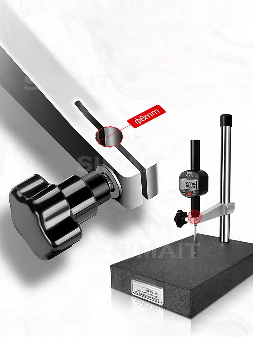 Grade 00 Precision Granite Measuring Stand - 150x100x50mm Base, 8mm Holder, 250mm Support Rod for Dial Indicators
