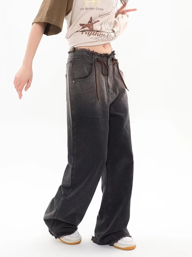 

Джинсы женские шикарные популярные Harajuku американские ретро потертые джинсовые брюки универсальные High Street контрастного цвета летние с кисточками