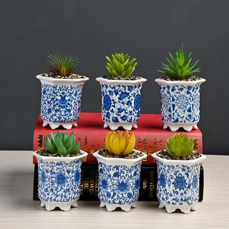 Chinese Style Blue and White Flowerpot Hexagon Green Plant Pot Ceramic Crafts Bonsai Vase Garden Planter Home Decor