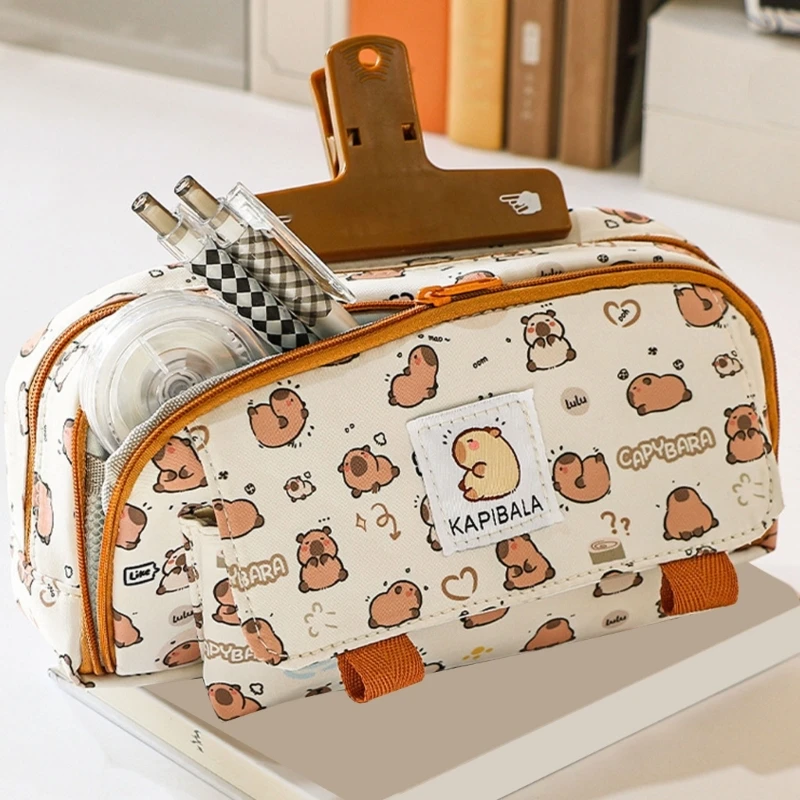 กระเป๋าปากกากล่องดินสอผ้าใบ Capybara พร้อมที่ใส่เครื่องเขียนหลายช่อง