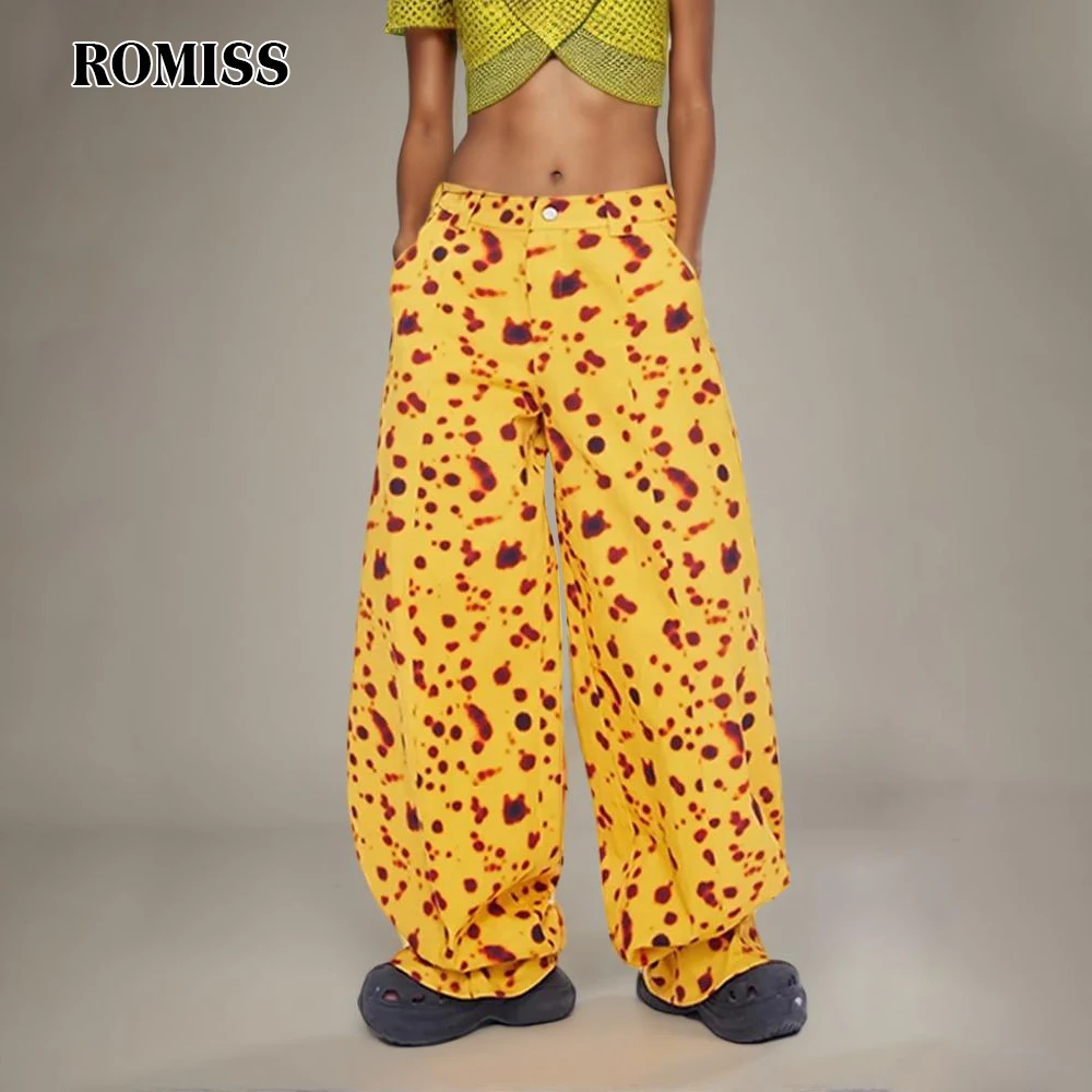 

ROMISS Women's Casual Color -Colored Printed Trousers High Waist Stitching Button Designer Wide -leg Pants Fashion New Model