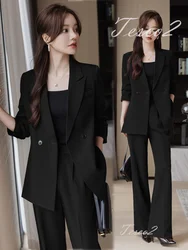 Tesco Solid Women's Elegant Suit Sets Notch Collar Blazer Wide Leg Pants 2 Piece Formal Pantsuit For Wedding Party Office Outfit