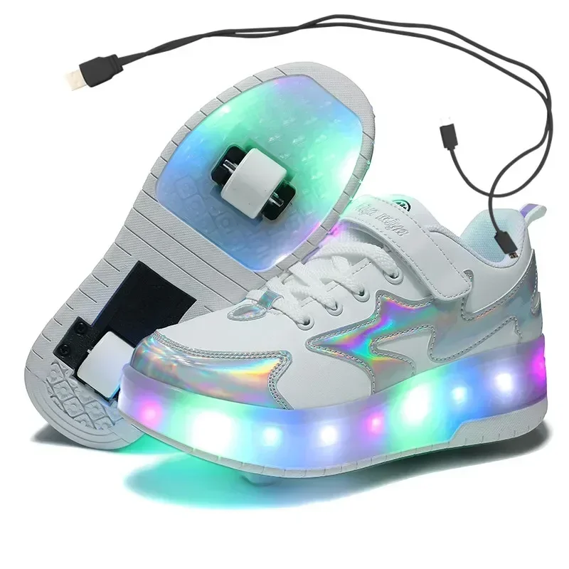 Sapatos de rolo LED com rodas para crianças, Tênis luminosos, Luz brilhante, Carregamento USB, Sapatos de skate para meninos e meninas