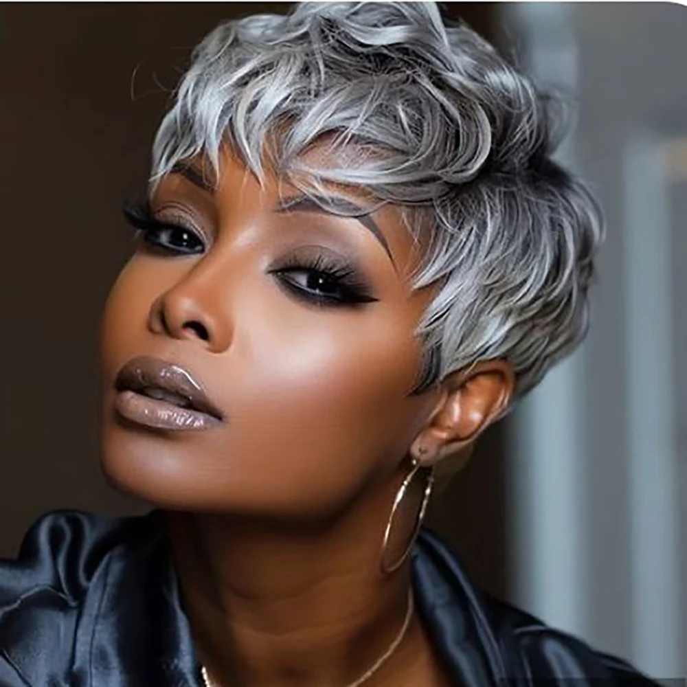 

Парик из натуральных волос серого цвета, многослойные короткие волосы, стрижка пикси с челкой, парик машинного производства, удобная и безопасная посадка