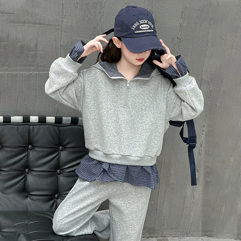 

New Checkered Patchwork Hoodie Top & Pants 2pcs Kids Suit Casual Teen Children Tracksuit Girls Clothes Set Spring Autumn 2025