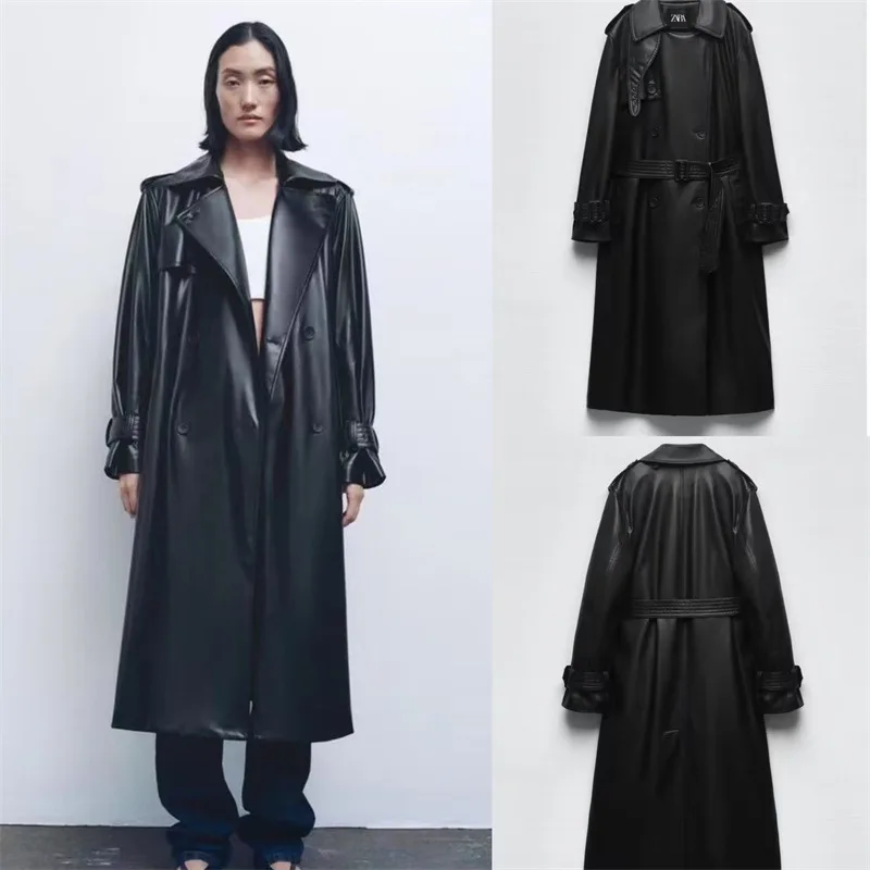 VOLALO Autumn Long Black Patchwork Pu Leather Trench Coat for Women Double Breasted Loose Stylish Luxury Designer Clothing 2024