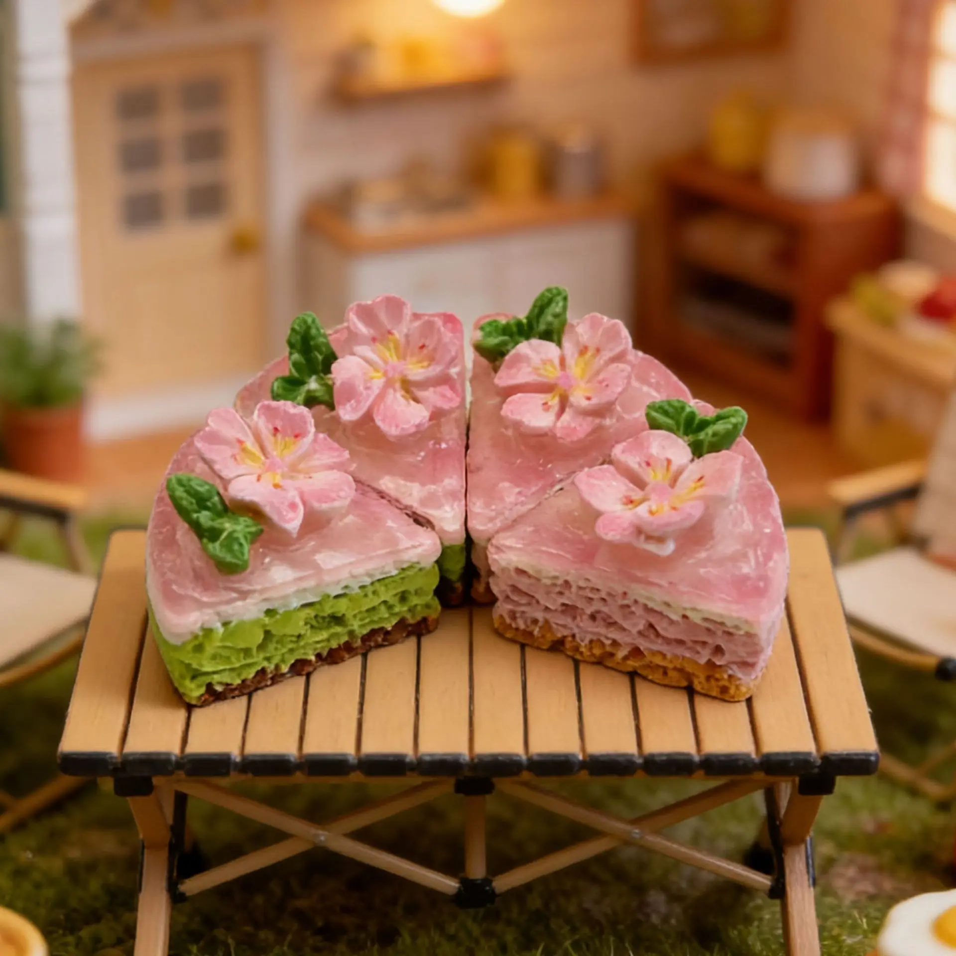 5pcs Miniature Resin Ice-Cold Cherry Matcha Cream Multi-Layer Cake DIY Handmade Jewelry Keychain Accessories Desk Ornaments