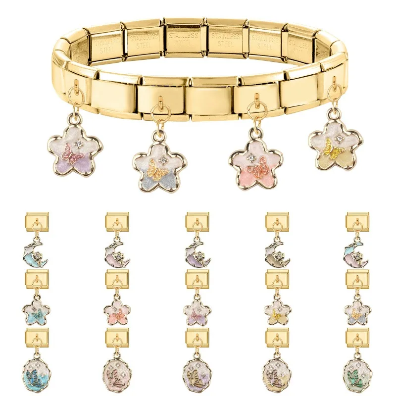 

Fashion Flower Moon Butterfly Gold Color Pendant Italian Charm Link Fit 9MM Bracelet Stainless Steel Men Women DIY Making Gifts
