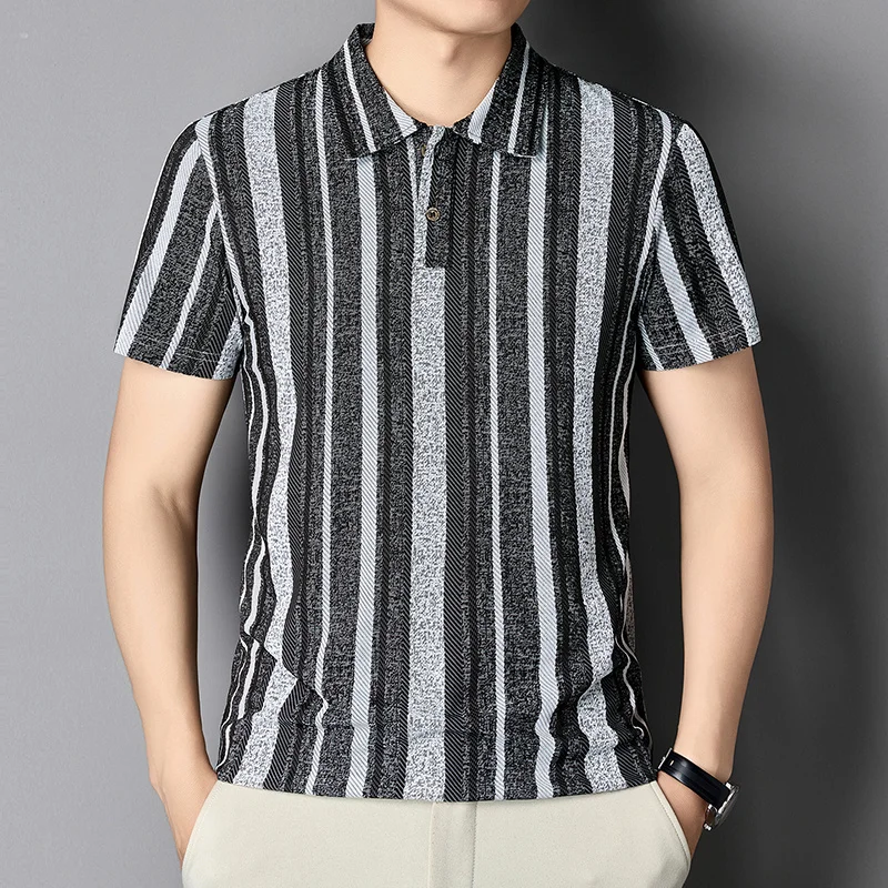 Herren Strukturierte Vertikal Gestreifte Kurzarm-Poloshirts Lässige Business-Oberteile Atmungsaktiv Knitterfrei Sommerkleidung – Detail 25