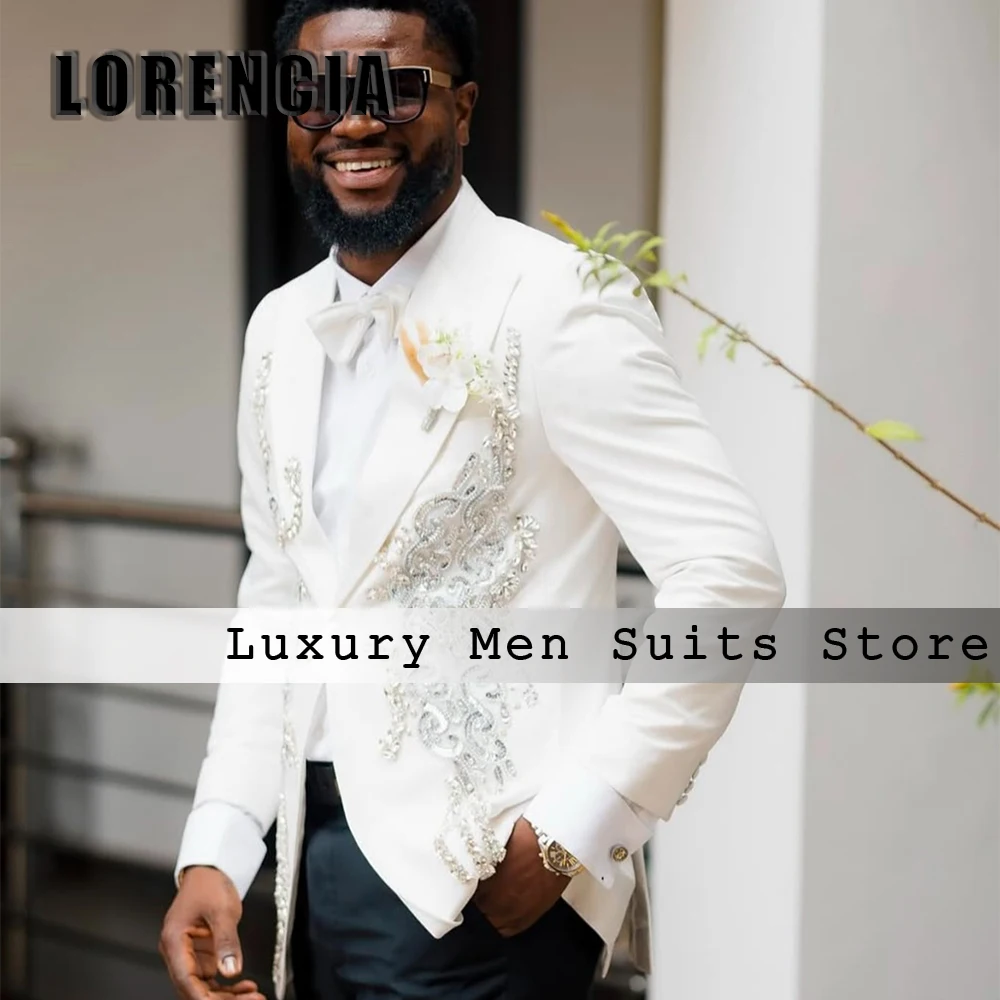 

Leisure Crystal Suits for Men 2 Piece Single Breasted Shiny Tuxedos Male Wedding Outfits Customized Blazer Pants costumes homme