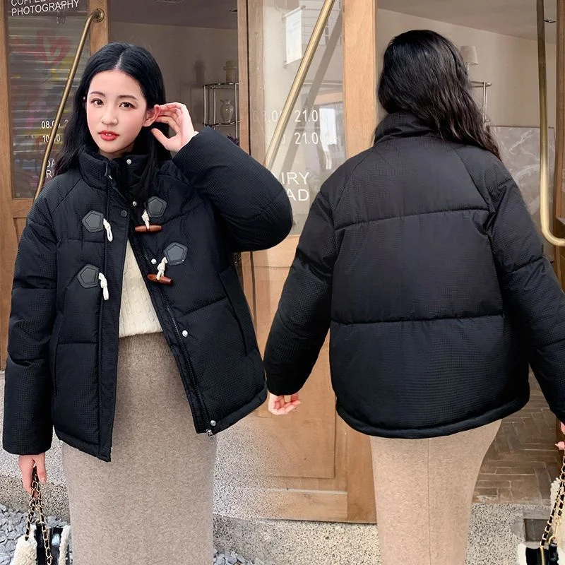 

Fashion Cow Horn Button Cotton Jacket 2025 New Women's Winter Stand Up Collar Thick Korean Version Cotton Coat Short Parkers