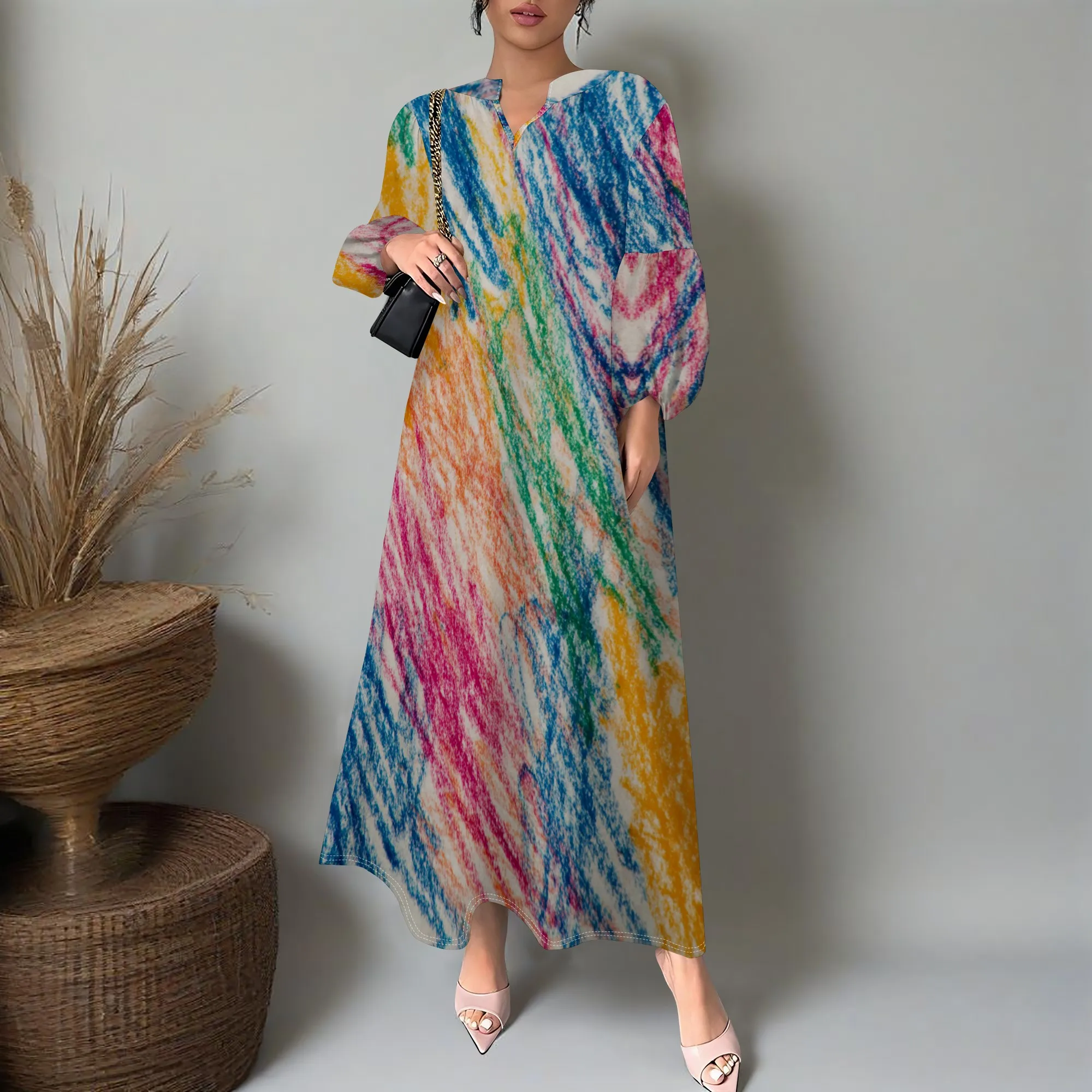 

Women's Boho Abstract Art Print Maxi Dress Long Sleeve V-Neck Casual Sundress XS-3XL For Summer Vacation Music Festival