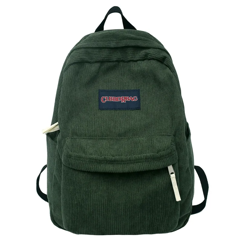 Vintage Boy Girl Corduroy Escola Verde Bag Homens Mulheres Laptop Faculdade Mochila Cool Lady Estudante Moda Feminina Viagem BookBag Novo