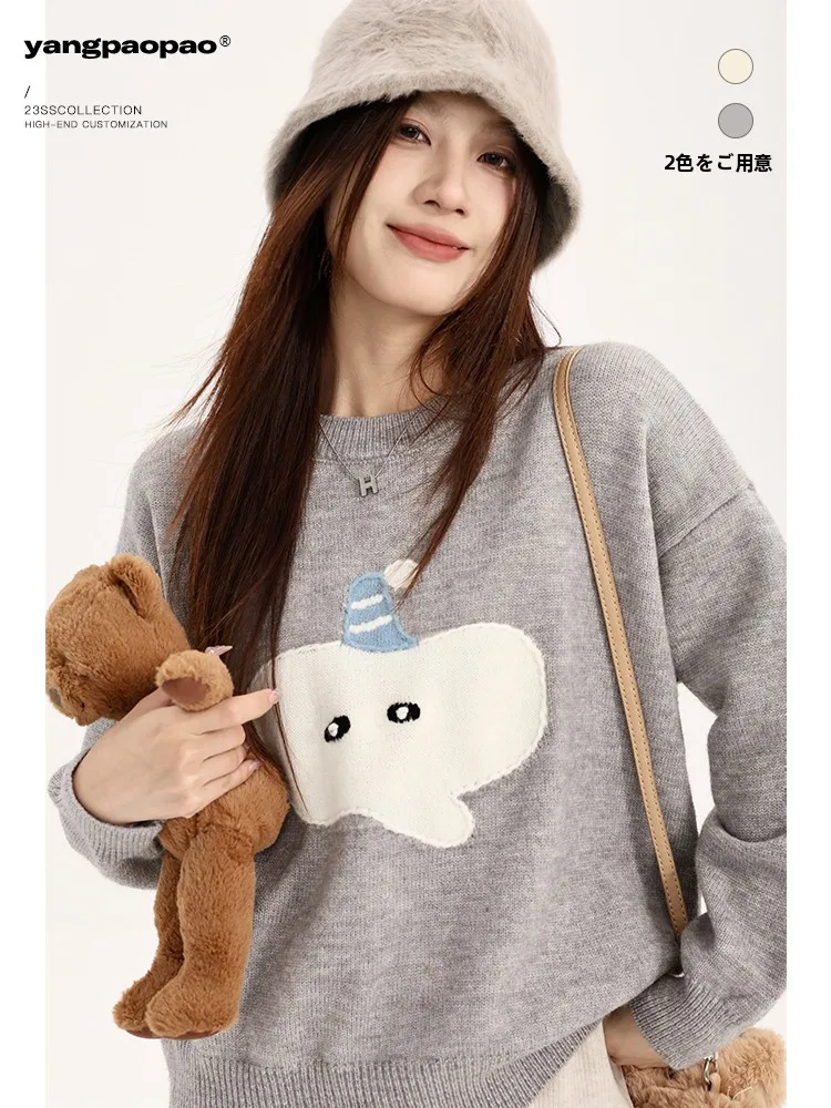 

Серый свитер с головой слона, женский, свободного кроя, вязаный, шерстяной, флисовый, теплый, с длинными рукавами, круглым вырезом, стандартной длины