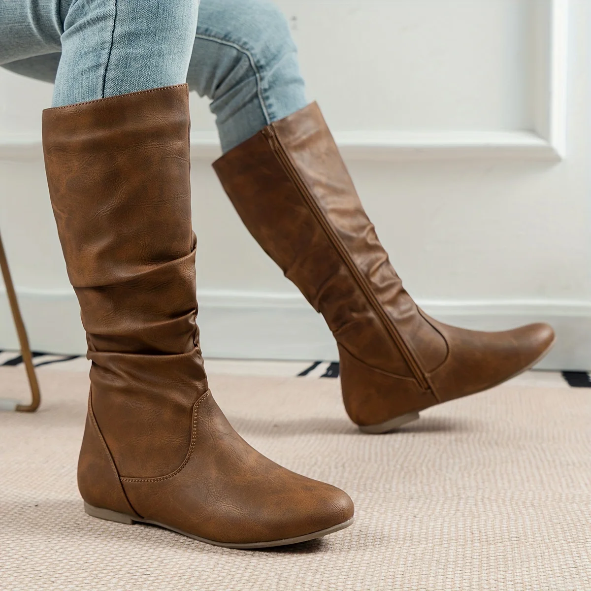 

Women's Slouch Flat Riding Boots Retro Side Zipper Western Motorcycle Boots Versatile Long Boots