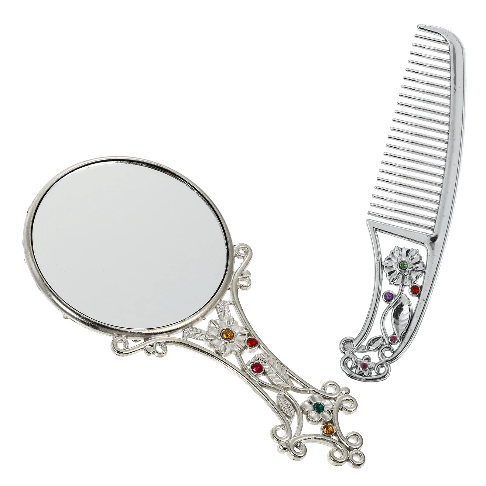 Retro Floral Comb Set Makeup Mirror Vanity Portable with Light Compact Brush Suit