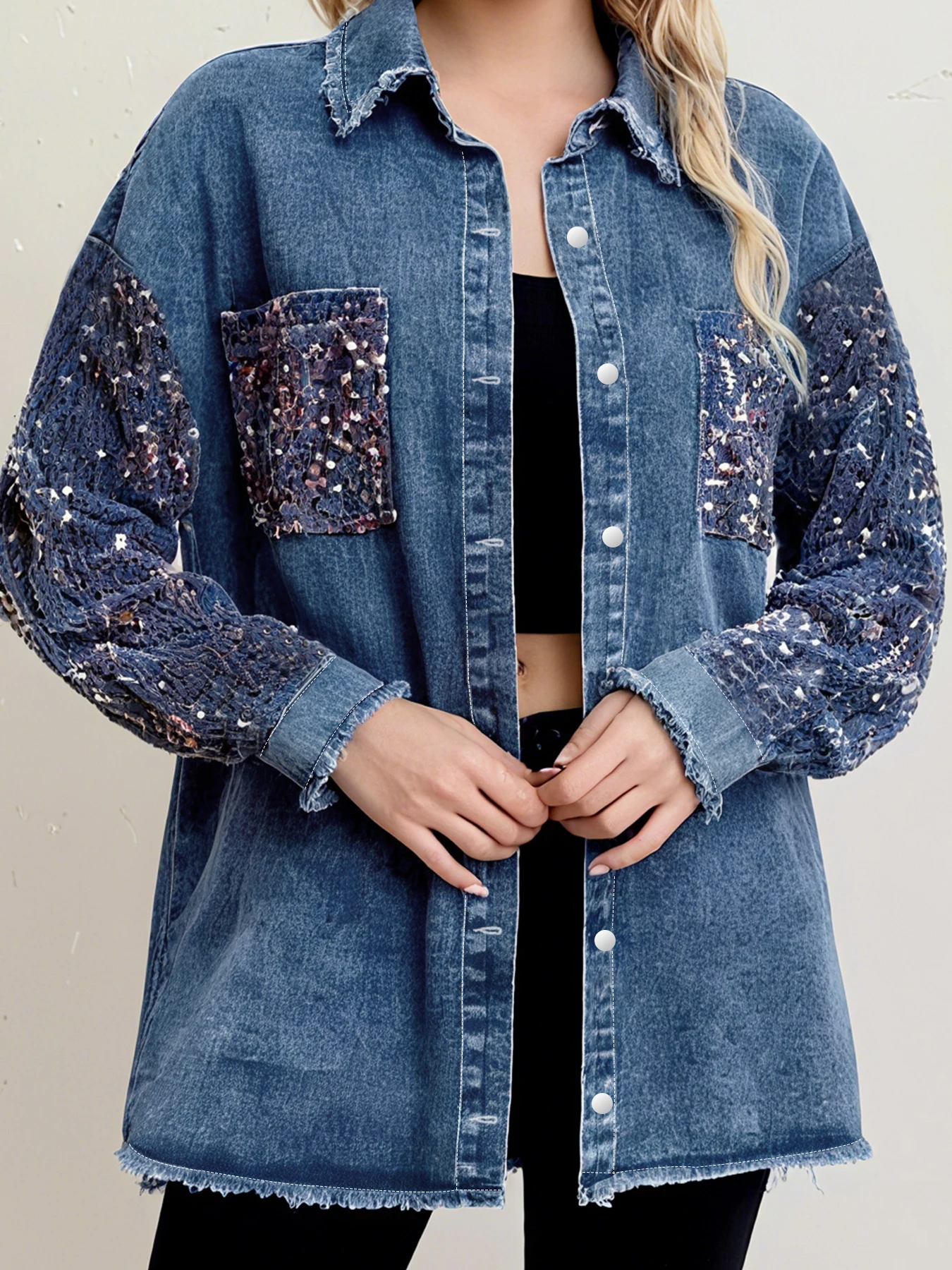 

Plus Size Women's Sequin Denim Shirt Jacket, Oversized Long Sleeve Button Down Jean Coat with Fringe Hem and Sparkle Details