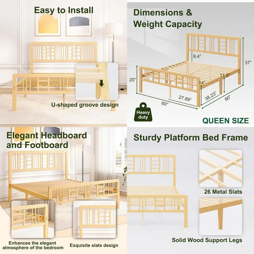 Breezehome 14 Inch High Bamboo Wood Queen Bed e with board and ootboard, Platorm Bed e Queen Size with Metal Slats, No Box Sprin