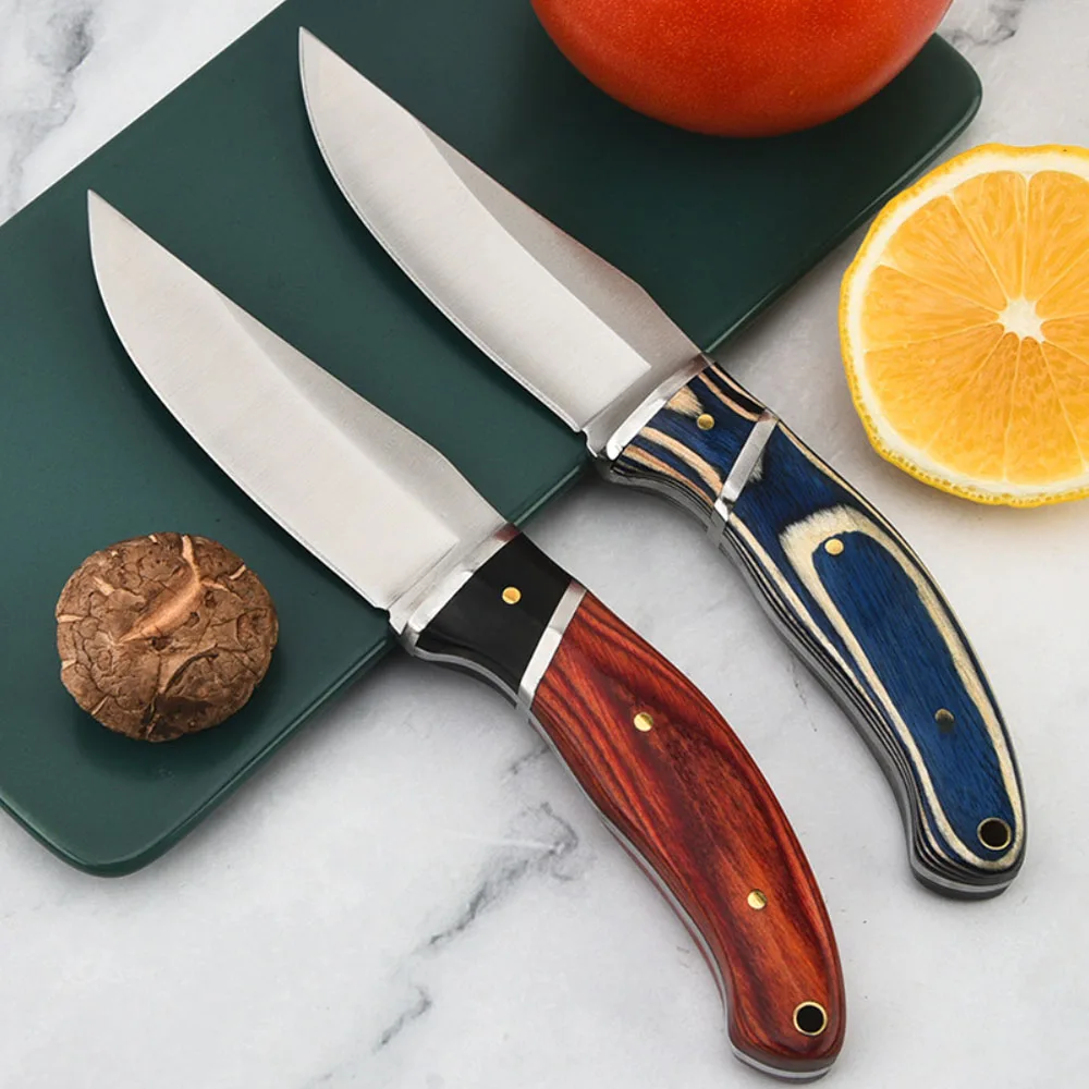 

Outdoor straight knife camping portable stainless steel kitchen fruit barbecue meat eating handle knife with scabbard
