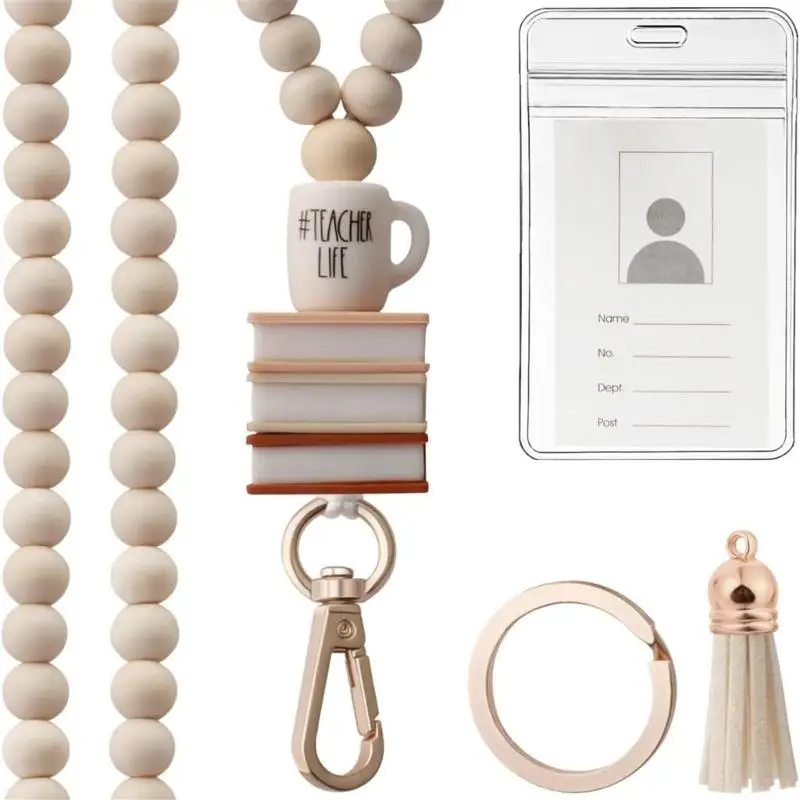 R53C Card Holder and Beaded Lanyard Set Beads Neck Strap Lanyard with Clip Tassels Charm and Keyring Hoop