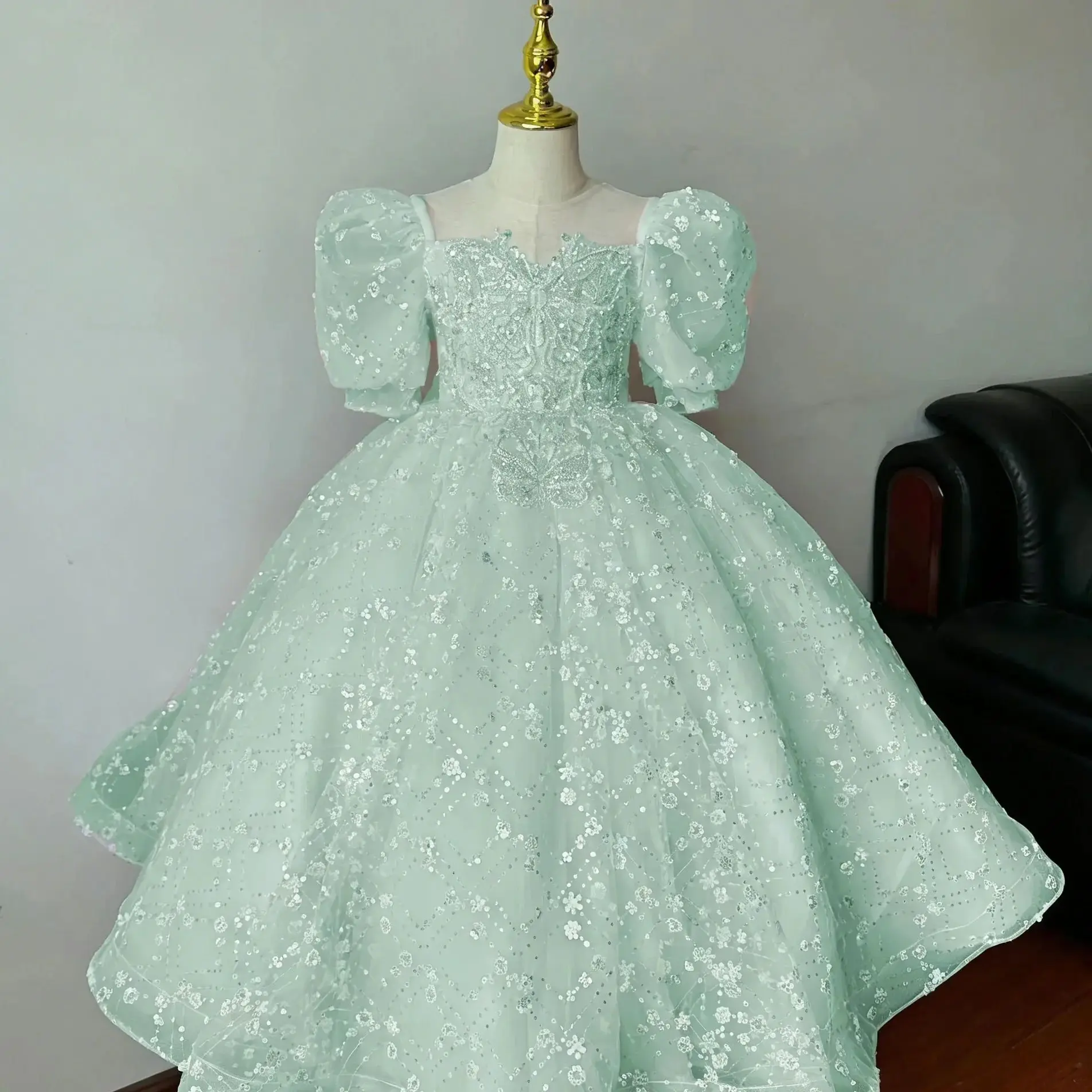 فستان فتاة الزهور اللامع المخصص لحفلات الزفاف نصف كم ترتر مطرز للأطفال حفلة عيد ميلاد أول مناولة فستاين سهرة/فساتين الحفلات