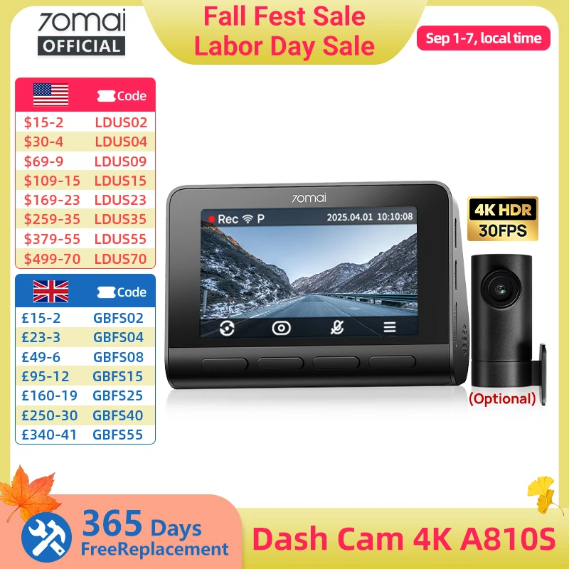 70mai A810S 4K Dash Cam IMX678 Dual Supercapacitor 4G Remote Control Wi-Fi 6 5GHz Voice…