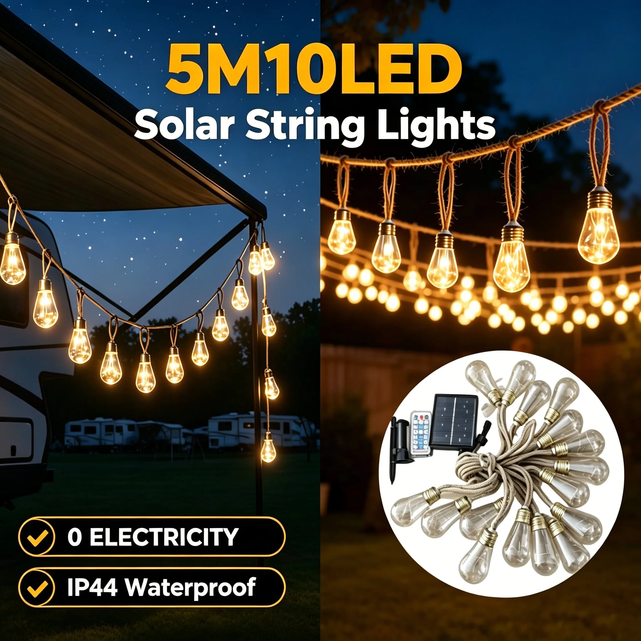 

Solar Fairy Lights with 10 Unbreakable Clear Bulbs IP44 Waterproof 8 Modes Outdoor Garden Light for Patio Wedding Party Yard Bar