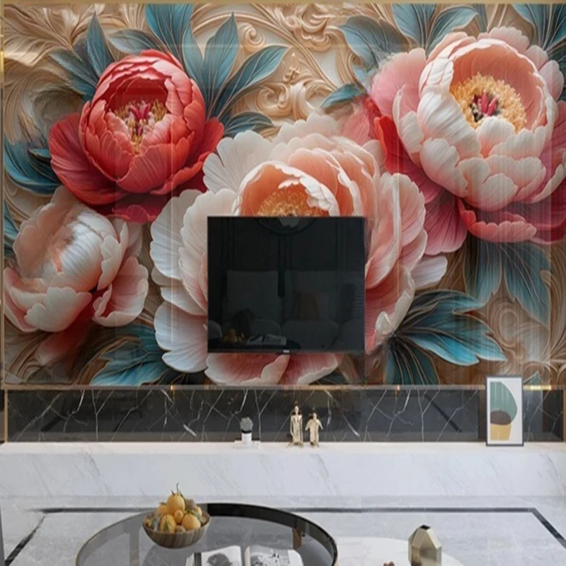 Modern Custom Peony Wall Mural Textured 3D Chinese Style Floral Wallpaper for Elegant Home Office Living Room Accent Wall Design
