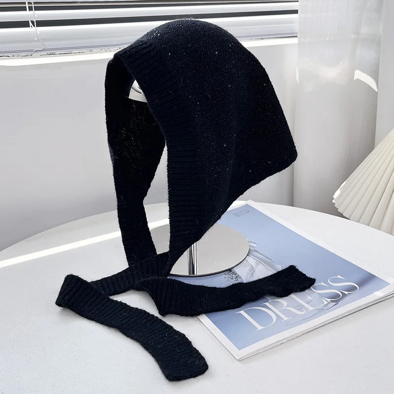 Koreanische Mode: Pailletten-Dreieckstuch aus Kaninchenhaar-Mischgewebe für Herbst und Winter, vielseitiges gestricktes Stirnband mit Schnürung für Damen – Detail 4