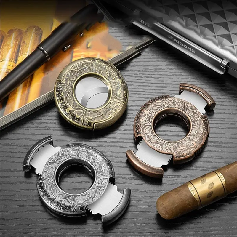 PORK-Cigar Cutter - Bronze Engraved Guillotine Style Double Stainless Steel Blade Cigar Clipper