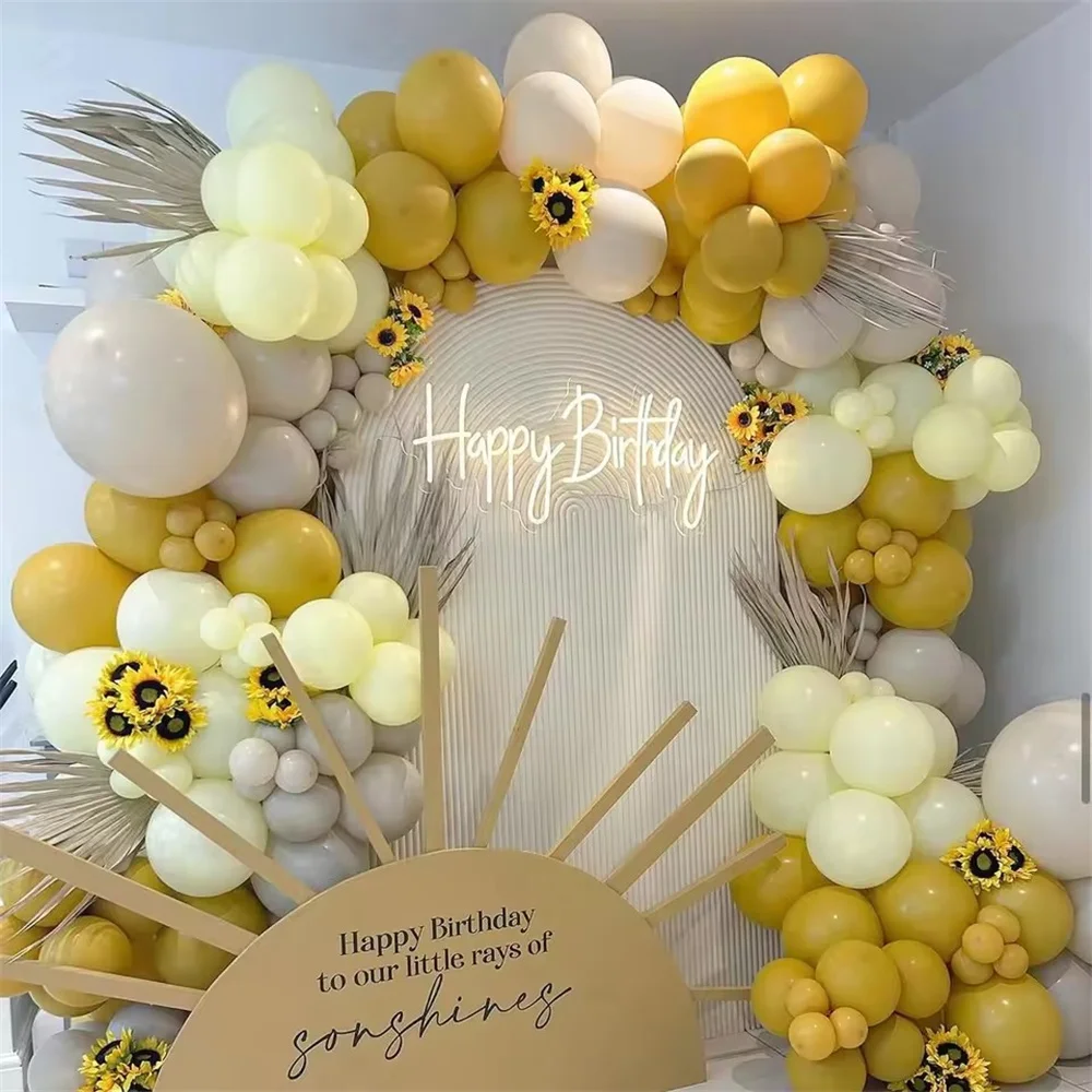 

142pcs Mustard Yellow Balloons Garland Retro Boho Sand Maca Pastel Yellow Balloon Arch for Birthday Daisy Baby Shower Decoration