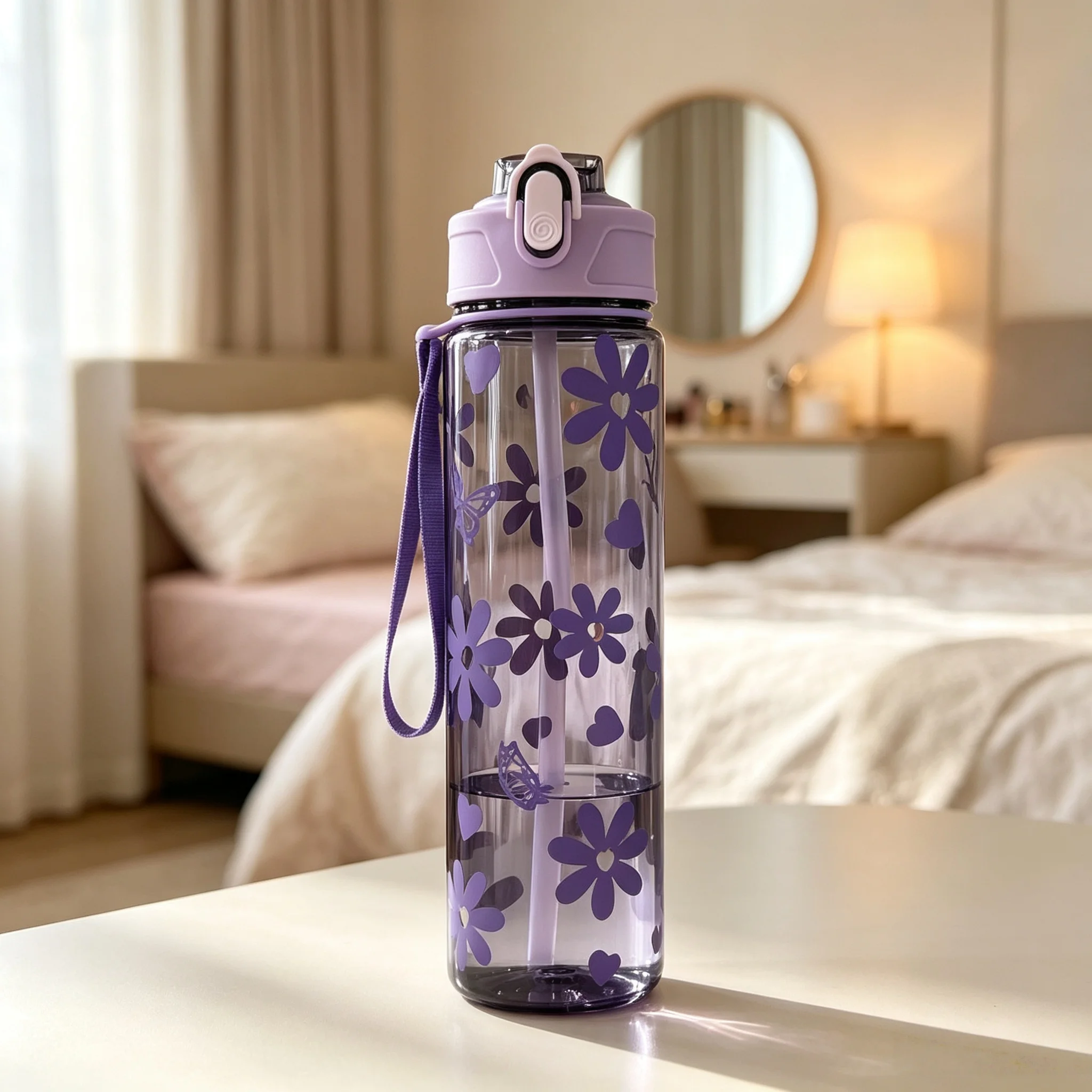 750ML Transparent Flower Print High-Aesthetic Plastic Water Bottle, New Large Capacity Fitness Cup, Suitable for Indoor Outdoor