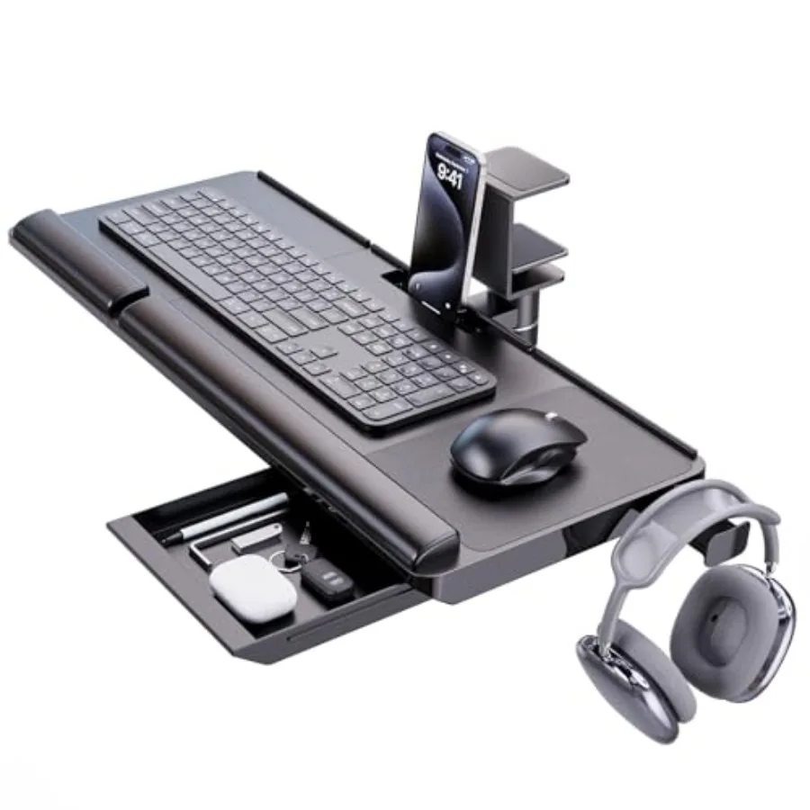 Under desk keyboard tray for sit-stand desks, aluminum alloy, black, 360 rotation, wrist rest, storage drawer, non-adjustable h
