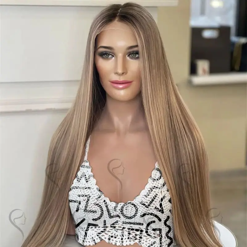 

13x4 HD Парики шнурка Медовый блондин Синтетический парик фронта шнурка Предварительно выщипанная линия волос с детскими волосами Коричневый с светлыми бликами 28 дюймов