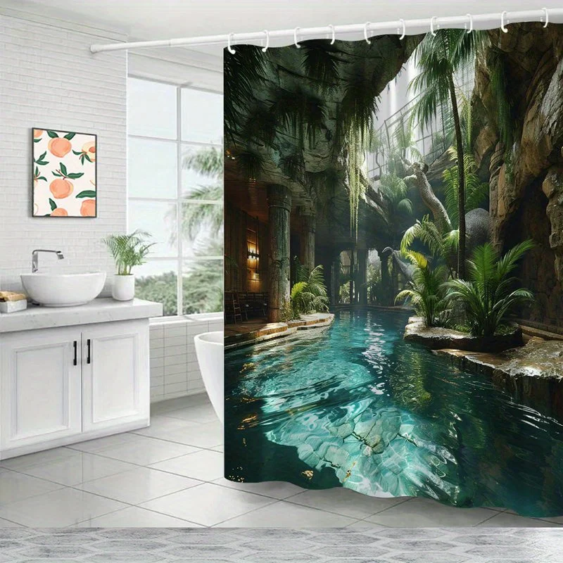 1pc Tropical Indoor Pool Shower Curtain with Lush Greenery, Turquoise Water, Rustic Wood Structure, Rocks Waterfall & Hanging Vi