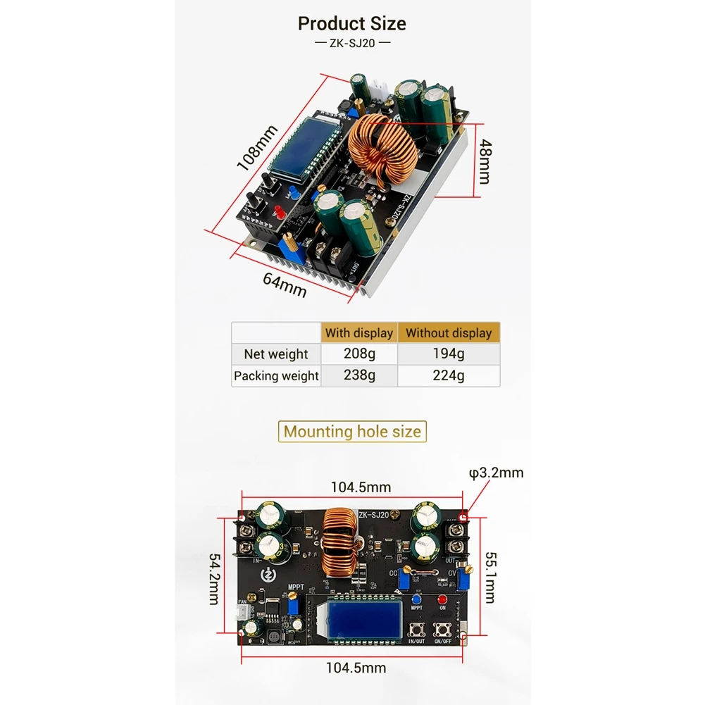 Módulo MPPT de aumento automático de ZK-SJ20 con pantalla LCD, convertidor Buck Boost, módulo de fuente de alimentación, placa ajustable