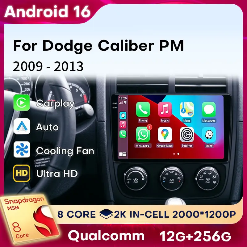 Android 16 Carplay para Dodge Caliber PM 2009 - 2013, Rádio Automotivo com Câmera 360, GPS, Auto 4G LTE, Unidade Principal Multimídia com Vídeo, Áudio e DSP