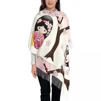Japanischen Frühling Kokeshi Puppe Schal Wrap für Frauen Lange Winter Warm Quaste Schal Unisex Nette Girly Sakura Kirschblüte Schals
