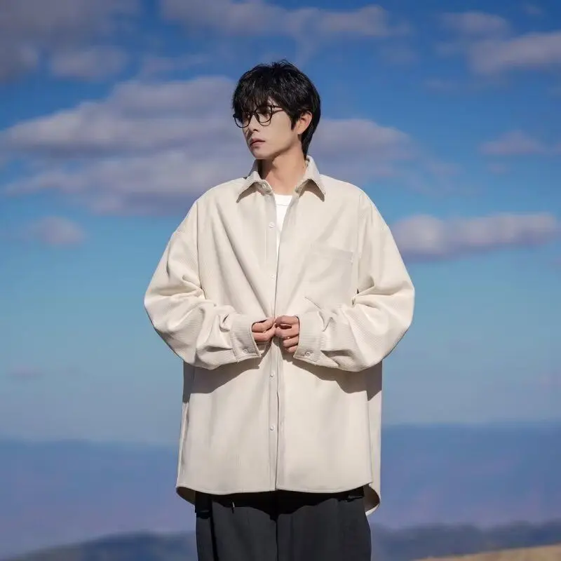 

Loose Casual Men's Shirt New Style Autumn Fashion Outerwear Standard Fit Long Sleeve Pure Color Collarless Button-Up Coat