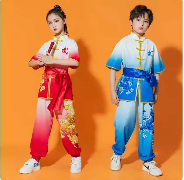 Roupas de artes marciais infantis de duas peças, uniforme de treinamento, estilo chinês, roupas de performance para meninos e meninas