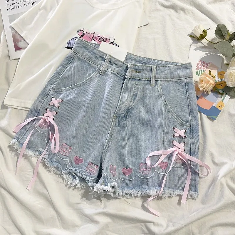 

Japanese Denim Shorts Women Bottoms Hig Waist Embroidery Bandage Pants Tunic Cute Shorts Pantalones Cortos De Mujer 2024 New