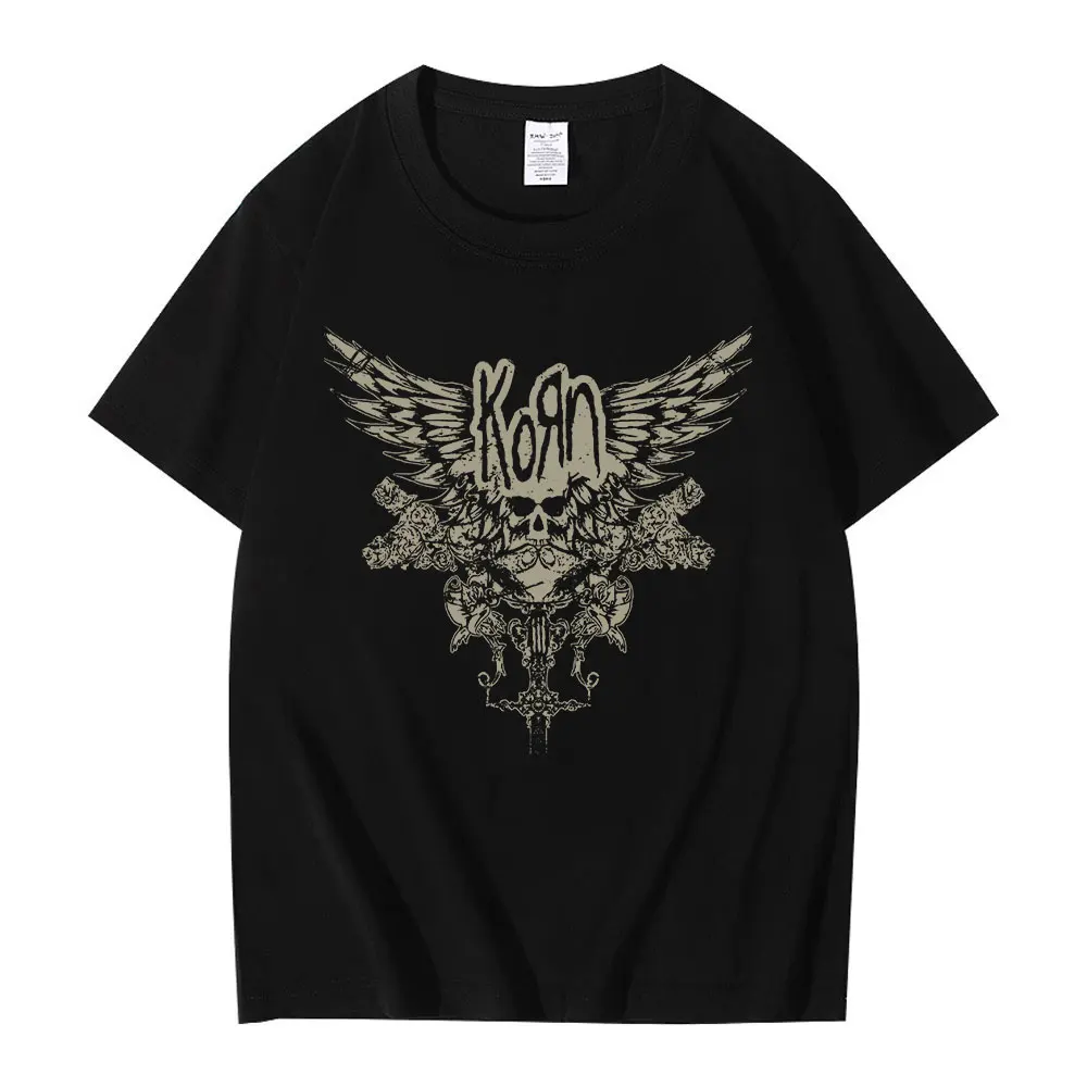 Korn Skull Wings Girls Juniors Black T Shirt Metal Gothic Rock Band T Shirts Men Women Vintage Oversized T-shirt Tops Streetwear