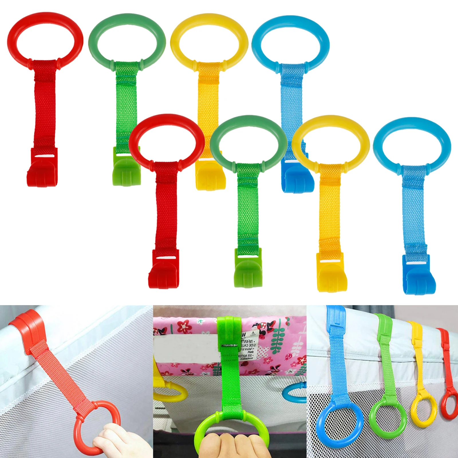 

4pcs Baby Crib Pull Ring Walking Exercises Stand up Ring Security Protection for Bed Baby Cot Rings Hanging Walking Assistant