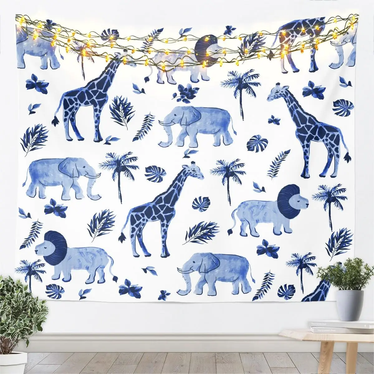 Tapisserie d'animaux de la jungle, éléphant, lion, girafe, décoration murale pour enfants, garçons, filles, chasseur, bleu, rouille, faune, safari africain, animal