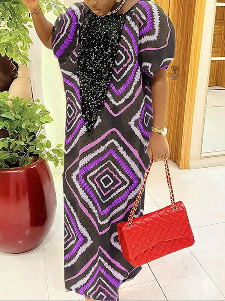 حجم كبير 5XL فوندا النساء البوهيمي ماكسي فساتين الصيف نفخة الأكمام طباعة المرقعة فستان الشمس الطويل 2025 خمر رداء الحفلات الموضة #2