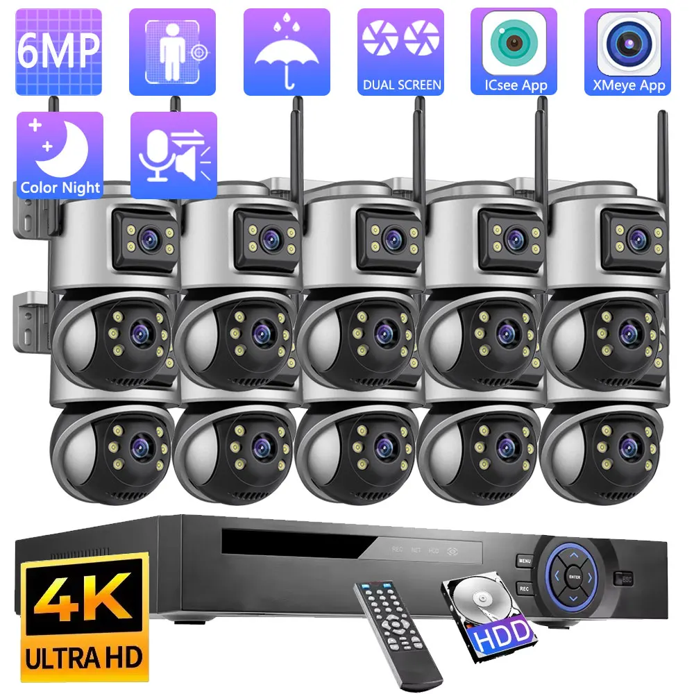 

8MP 4K PTZ Wifi Camera Dual Lens Dual Screen Human Detect Auto Tracking 4K 10CH POE NVR Outdoor Surveillance System iCSee App