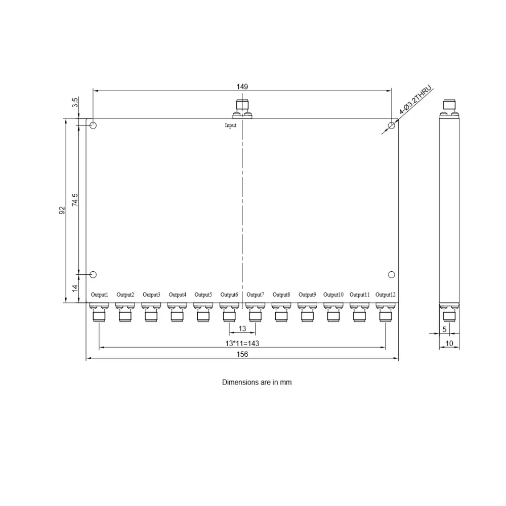 Telecom 2 GHz to 8 GHz 30 Watt 12-way SMA Power Divider